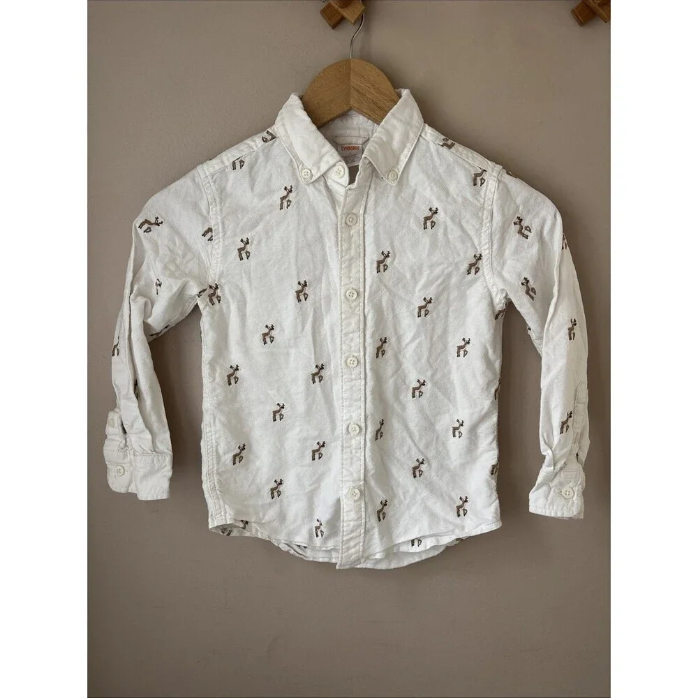 Gymboree Boys Reindeer Button Down Shirt Size 6 White Embroidered Cotton